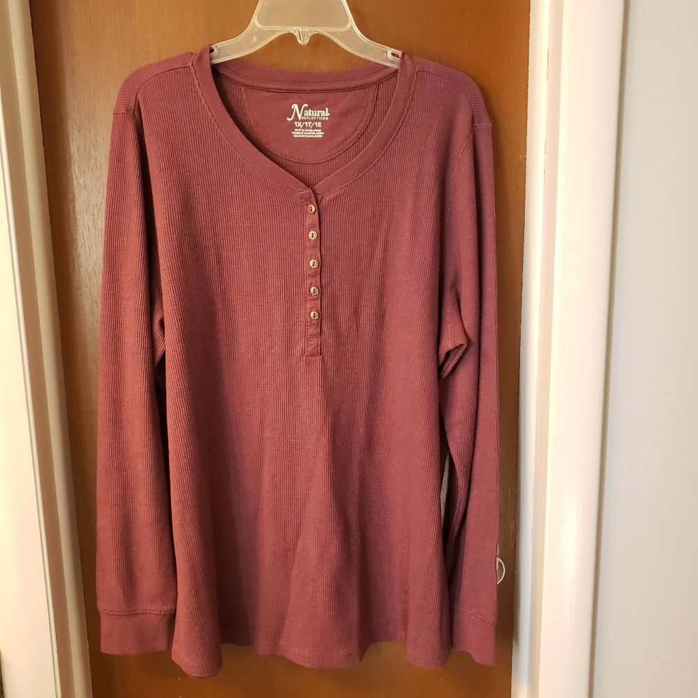 Woman's Natural Reflections pullover henley style top w/brass buttons size 1X
